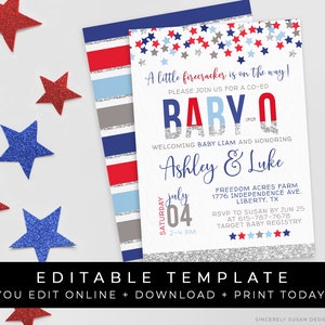 BABY Q Little Firecracker Baby Shower BBQ Invitation Patriotic 4th of July Co-Ed Barbecue Editable Printable Template Download, Corjl #033C