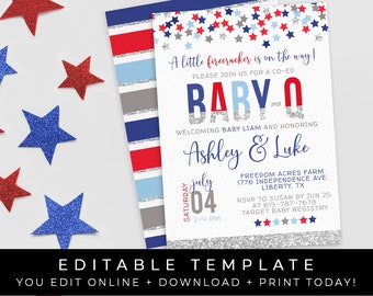 BABY Q Little Firecracker Baby Shower BBQ Invitation Patriotic 4th of July Co-Ed Barbecue Editable Printable Template Download, Corjl #033C