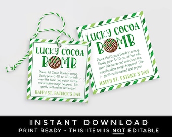 Instant Download St. Patrick's Day Lucky Bomb Hot Cocoa Bomb Tag, Printable Shamrock Hot Chocolate Bomb Square Directions, #245AID VIP