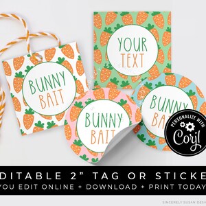 CUSTOMIZABLE Easter Bunny Bait Cookie Tag or Sticker, Carrot Mini Cookie Personalized Printable 2" Inch Spring Tag Download, Corjl #106 VIP