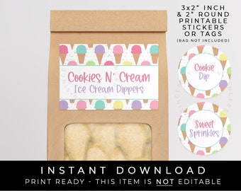 Instant Download Ice Cream Cone Cookies Printable, Cookies N' Cream Ice Cream Dippers, Dunker Cookies Dip Bag Label Sticker Tag, #277ID VIP