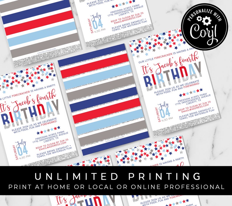 4th of July Birthday Invitation Patriotic Stars Red White & Blue Little Firecracker Birthday Template Download Printable Invite Corjl 065A image 6