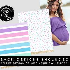 May include: Two printable designs for a baby shower invitation. One design features a pink, purple, blue, and green striped pattern. The other design features a white background with colorful sprinkles. The text "PERSONALIZE WITH Coril" is in a black circle with a gear icon.