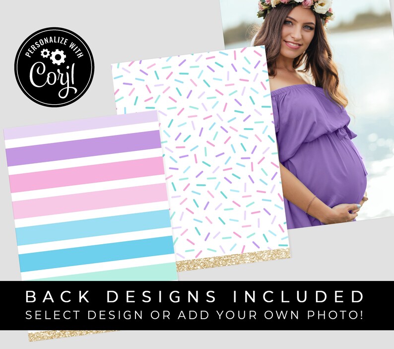 May include: Two printable designs for a baby shower invitation. One design features a pink, purple, blue, and green striped pattern. The other design features a white background with colorful sprinkles. The text "PERSONALIZE WITH Coril" is in a black circle with a gear icon.