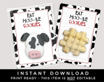 即時ダウンロード Eat More Cookies 牛のミニクッキーカード印刷可能、Moo 牛プリントクッキーカードギフトタグ、#239BID VIP