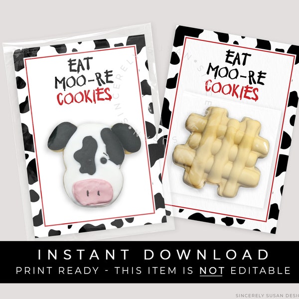 Instant Download Eat More Cookies Cow Mini Cookie Card Printable, Moo Cow Print Cookies Card Gift Tag, #239BID VIP