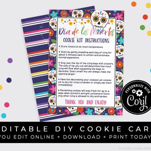 CUSTOMIZABLE Dia de los Muertos DIY Cookie Kit Instructions Printable Card, Day of the Dead Skull Cookie Decorating Kit Edit, Corjl #181 VIP