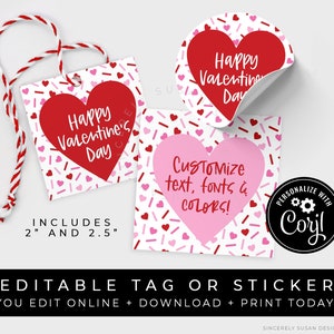 CUSTOMIZABLE Happy Valentine&#39;s Day Cookie Tag Printable, Sprinkled With Love Valentine Heart Editable Sticker or Gift Tag, Corjl #226 VIP