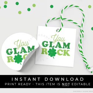 Baixe instantaneamente sua etiqueta de biscoito do dia de São Patrício GLAM Rock, etiqueta para impressão de biscoito Rainbow Shamrock Lucky Clover Green Glitter, # 240CID VIP