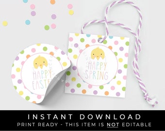 Instant Download Happy Spring Chick Cookie Tag or Sticker, Pastel Happy Easter Baby Chick Egg Mini Cookie Printable Gift Tag, #100BID VIP