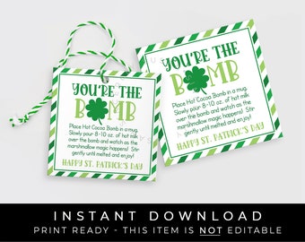 Instant Download St. Patrick's Day You're The Bomb Hot Cocoa Bomb Tag, Printable Shamrock Hot Chocolate Bomb Square Directions, #245DID VIP