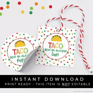 Download instantâneo TACO Bout an Awesome Dad Papá Tag, Taco Father's Day Gift Tag, Spanish Fiesta Confetti Cookie Tag imprimível, #133FDBID VIP
