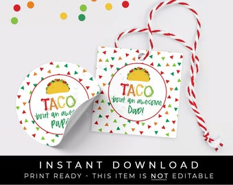 Instant Download TACO Bout an Awesome Dad Papá Tag, Taco Father's Day Gift Tag, Spanish Fiesta Confetti Cookie Tag Printable, #133FDBID VIP