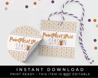 Instant Download Pumpkin Spice Season Printable Tag, Fall Pumpkin Spice Latte Cookie Tag, PSL Coffee Cup Treat Bag Favor, #160PID VIP