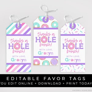 Donut Party Favor Tag Printable Birthday Girl Confetti Sprinkles Thanks a Hole Bunch Party Decorations Editable Template Download Corjl #002