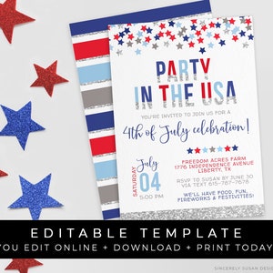 4th of July Invitation Party in the USA Red White & Blue BBQ Patriotic Stars Instant Editable Template Download Printable, Corjl #061