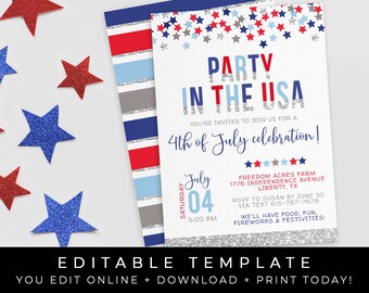 4th of July Invitation Party in the USA Red White & Blue BBQ Patriotic Stars Instant Editable Template Download Printable, Corjl #061