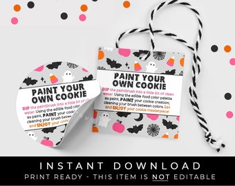 Instant Download Pink Halloween Paint Your Own Cookie Tag, Happy Halloween PYO Cookie Instructions Printable 2" & 2.5" Tag, #179CID VIP
