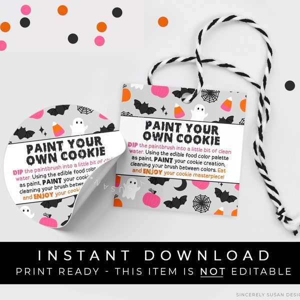 Instant Download Pink Halloween Paint Your Own Cookie Tag, Happy Halloween PYO Cookie Instructions Printable 2" & 2.5" Tag, #179CID VIP