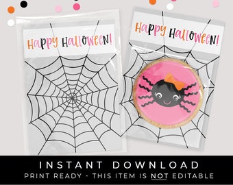 Instant Download Pink Halloween Spider Cookie Card Printable, Happy Halloween Spider Web Mini Cookie Card, #157PID VIP