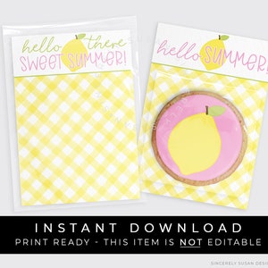 May include: Two printable favor bags with a yellow and white gingham pattern. One bag has a lemon graphic and the text "hello there sweet summer!" The other bag has a lemon graphic and the text "hello summer!"