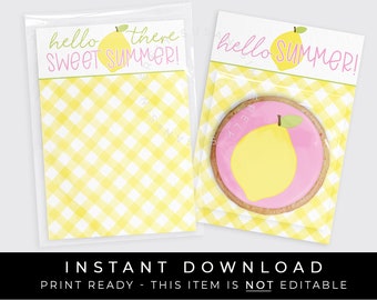 Instant Download Hello Sweet Summer Lemon Cookie Card Printable, Yellow Gingham Mini Lemon Cookie Backer, #275Y1ID VIP