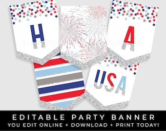 Happy 4th of July Banner Printable Party Decorations Independence Day Cookout BBQ Patriotic Stars Bunting Editable Template Download Corjl