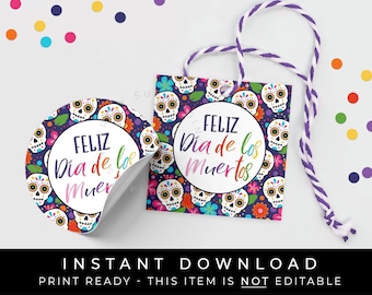 Sofortiger Download Feliz Dia de los Muertos Cookie Tag, mexikanischer Feiertag, Calavera, Zuckerschädel, Tag der Toten, Printable Tag of the Dead druckbare Anhänger #181BID VIP