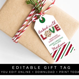 Etiqueta de regalo de galletas de Navidad PERSONALIZABLE horneada con amor imprimible, descarga de plantilla de etiqueta de productos horneados caseros de comida navideña, Corjl #075B VIP