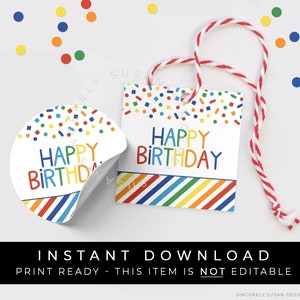 Instant Download HAPPY BIRTHDAY Rainbow Confetti Tag, Rainbow Sprinkles Birthday Mini Cookie Packaging Printable Gift Tag, #124AID VIP