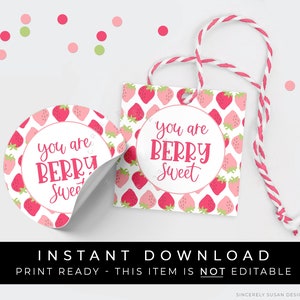 Direct downloaden Je bent Berry Sweet Pink Strawberry Cookie Tag, Valentine Aardbeien Cookie Treat Gift Tag, #190FID VIP