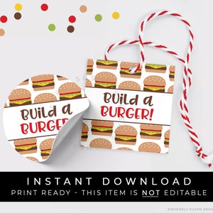 May include: Printable "Build a Burger!" party favour tags with a red and white twine. The tags feature a repeating pattern of cartoon hamburgers. The tags are perfect for a burger-themed party.