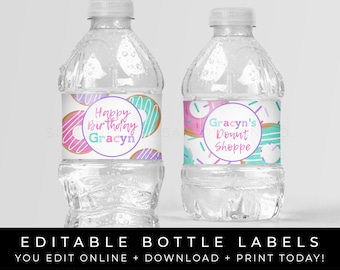 Etichette stampabili per bottiglie d'acqua con ciambelle, confetti, decorazioni personalizzate per feste di compleanno, modello istantaneo modificabile Scarica Corjl #002