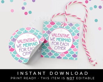 Instant Download Valentines Day Mermaid Tag, We Mermaid For Each Other Valentine Cookie Tag Printable, Classroom Valentine Gift, #138VID VIP