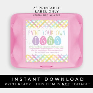 Download instantâneo PYO Etiqueta adesiva para caixa de ovo de Páscoa Etiqueta quadrada, para impressão Pinte seu próprio ovo Instruções para biscoitos Gingham Pastel, # 256ID VIP