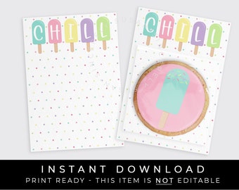 Instant Download Popsicle Cookie Card Printable, CHILL Summer Popsicle Mini Cookie Backer Ice Cream Stick Creamsicle, #277PBID VIP