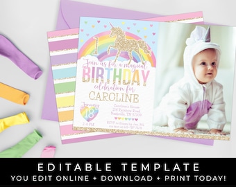Könnte beinhalten: Editierbare Geburtstagseinladungsvorlage mit einem Regenbogen, einem Einhorn und einem Foto eines Kindes. Der Text lautet "Feiern Sie mit uns einen magischen Geburtstag für Caroline".