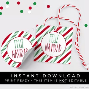 Sofortiger Download Feliz Navidad Keksanhänger, Spanisches Frohe Weihnachten Zuckerstange Streifen Urlaub Geschenkanhänger oder Party Favor, #196CID VIP