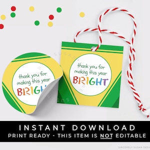 Instant Download Crayon Teacher Appreciation Tag, Bright School Year Thank You Teacher Gift Tag Rainbow Coloring Box Cookie Tag, #262AID VIP