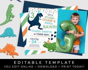 Dinosaur Birthday Party Invitation Boy Printable T-Rex Photo Invite Stomp Chomp Dino Rawr Editable Template Instant Download Corjl #047B