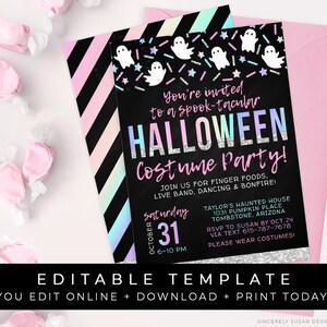 Pink Halloween Party Invitation Printable Costume Halloween Boo Bash Invite Rainbow Ombre Editable Template Instant Download Corjl #079A
