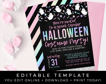 Pink Halloween Party Invitation Printable Costume Halloween Boo Bash Invite Rainbow Ombre Editable Template Instant Download Corjl #079A
