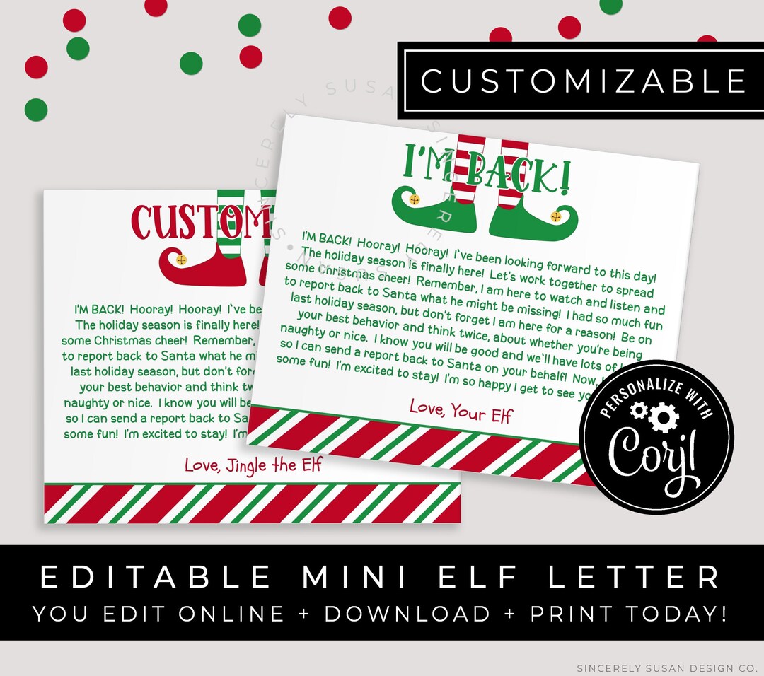 CUSTOMIZABLE Mini I'm Back Letter From Elf Personalized Printable ...