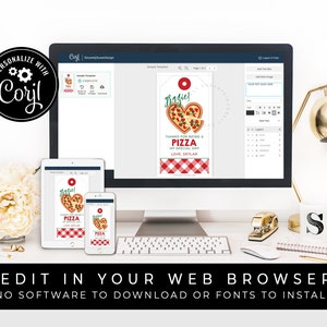 May include: A printable digital download for a pizza-themed gift tag. The tag features a red and white checkered background with a heart-shaped pizza and the text "Grazie! Thanks for being a pizza my special day. Love, Skylar".
