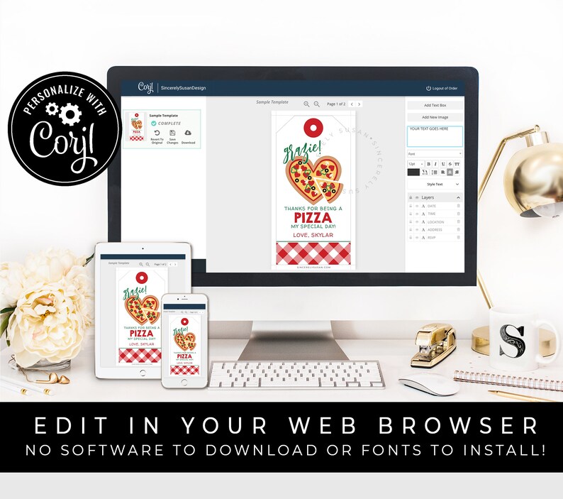 May include: A printable digital download for a pizza-themed gift tag. The tag features a red and white checkered background with a heart-shaped pizza and the text "Grazie! Thanks for being a pizza my special day. Love, Skylar".
