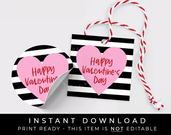 Instant Download Happy Valentine's Day Cookie Tag, Red Pink Heart Black Stripes Cookie Tag, Hearts Valentine Gift Tag Favor, #225CID VIP