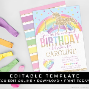 May include: Editable template for a unicorn birthday party invitation. The invitation features a gold glitter unicorn with a rainbow and the text "Join us for a magical birthday celebration for Caroline". The date is January 18th at 2:4 PM. RSVP information is included.