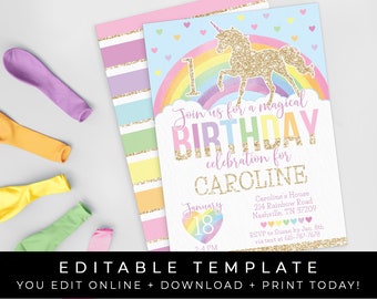 Unicorn Birthday Invitation Printable, Magical Unicorn Invitation Download, Rainbow Unicorn Editable Invitation Template Invite, Corjl #018A