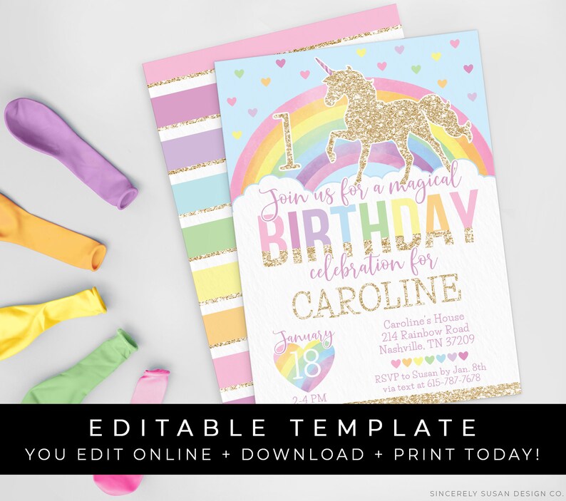 May include: Editable template for a unicorn birthday party invitation. The invitation features a gold glitter unicorn with a rainbow and the text "Join us for a magical birthday celebration for Caroline". The date is January 18th at 2:4 PM. RSVP information is included.