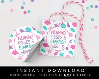 Instant Download MERMAID Tag, Summer Mermaid Kisses Starfish Wishes Beach Seashells, Cookie Packaging Printable Download, #140BID VIP